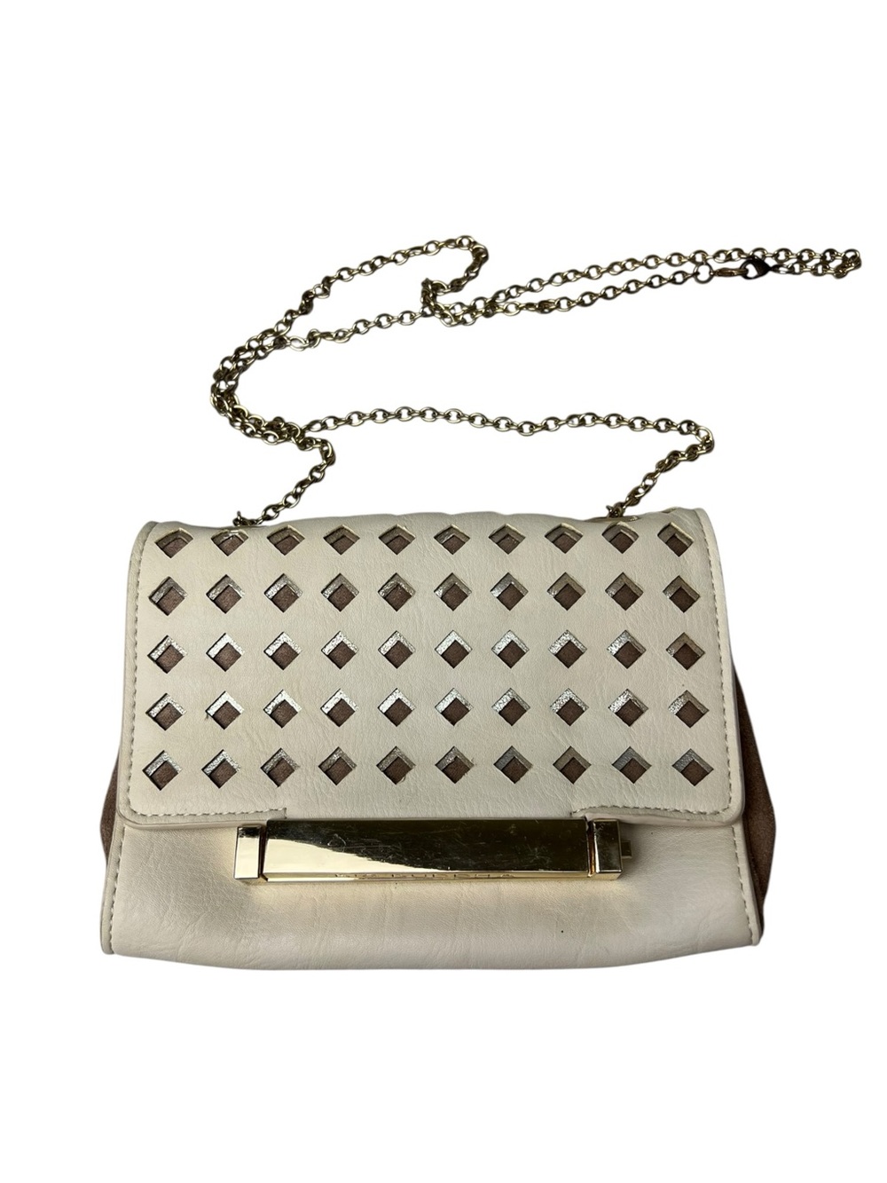 Big Buddha Cream w/ Gold Chain Colored Cross Body Purse w/ Perforated Leather